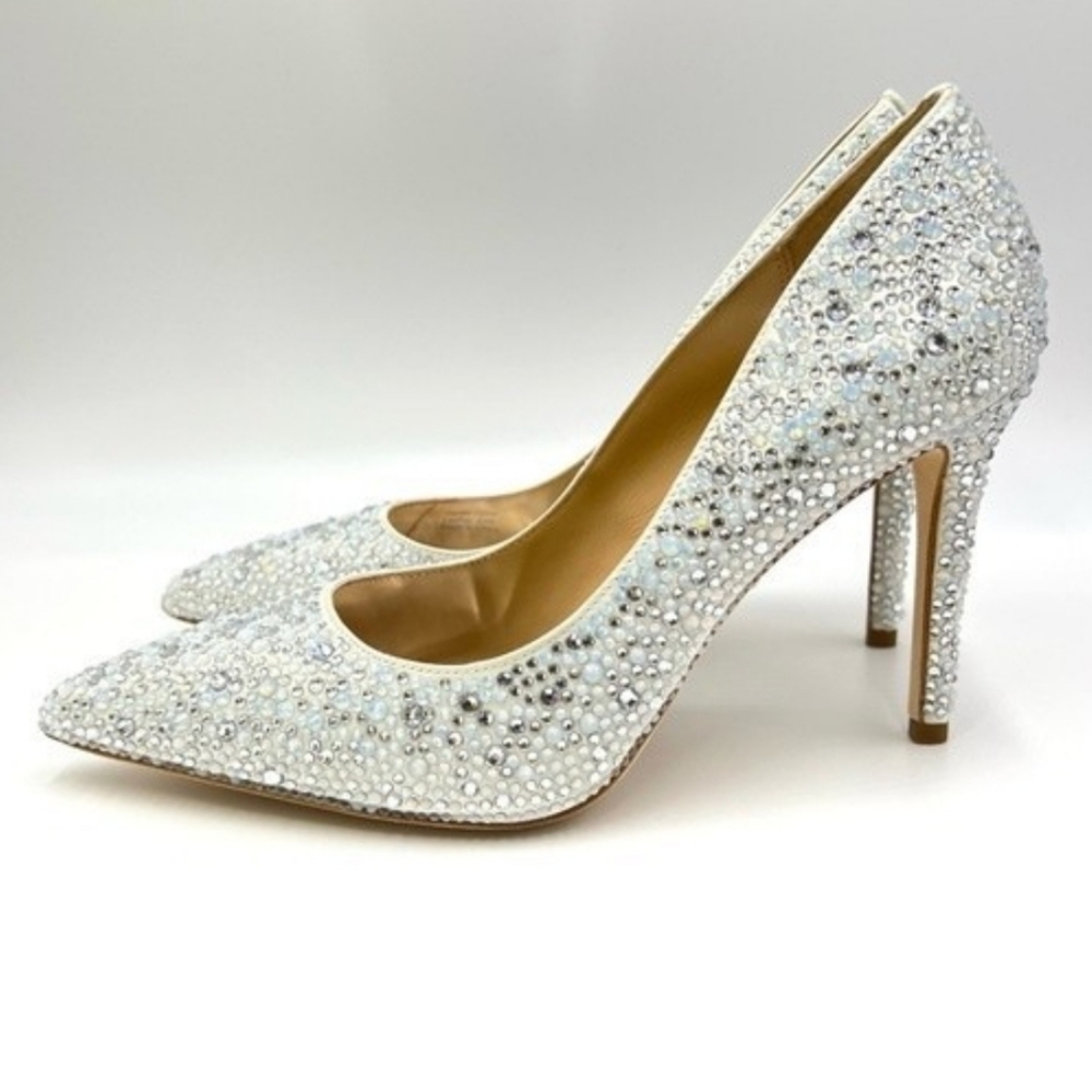 Badgley Mischka New Bethany Bejeweled White Satin Stiletto Heels New Size 9.5